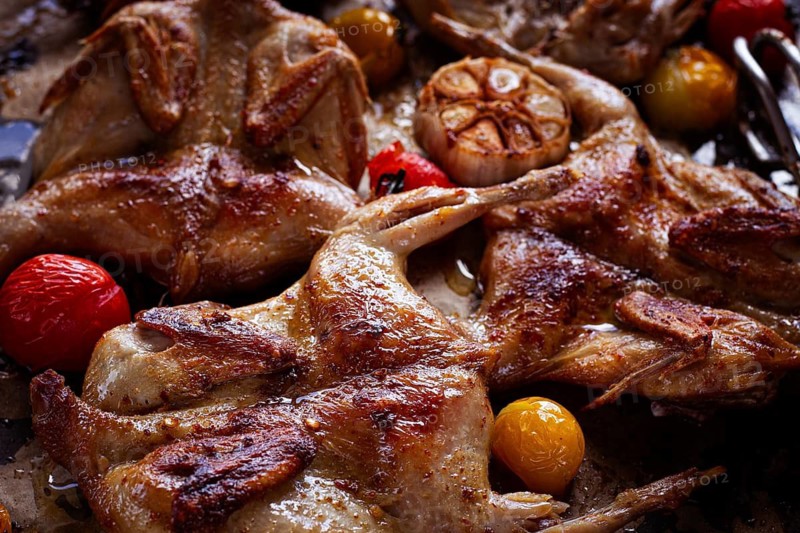Grilled quail meat, on a platter, tobacco, in the oven, with spices, homemade, without people