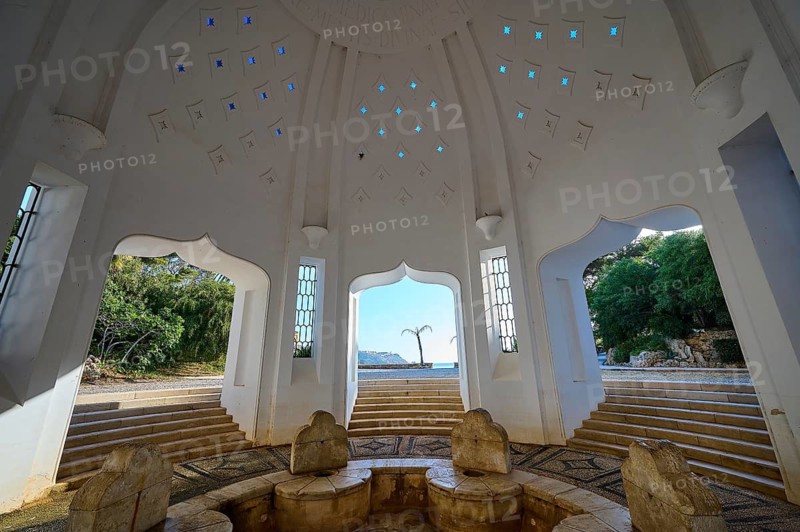 Interior of a dome with seating and stepped structure, illuminated by blue light patterns, thermal springs, thermal baths, thermal baths of Kallithea, Kallithea, Rhodes, Dodecanese, Greek Islands, Greece