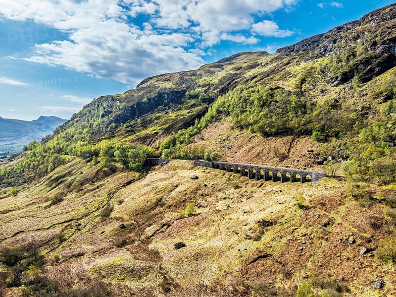 Mountains over Glen Ogle Viaduct from a drone, Road A85, Scotland, UK