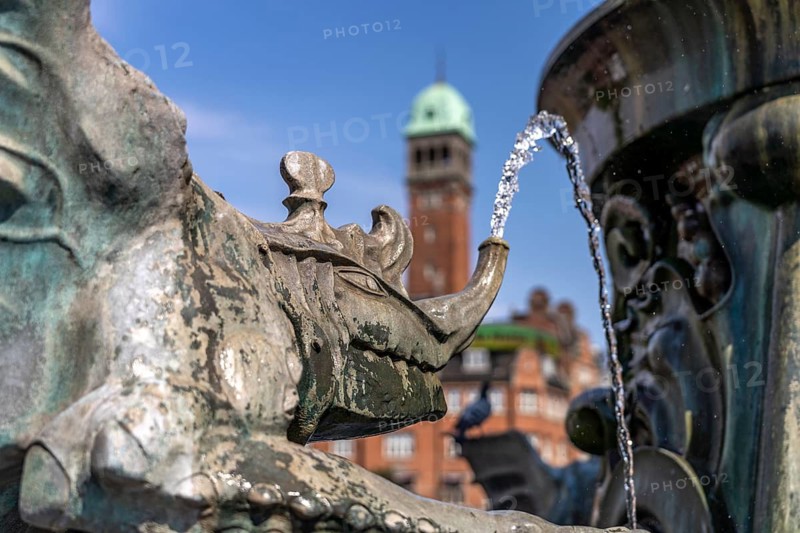 Detail of the Dragespringvand dragon fountain on City Hall Square, Copenhagen, Denmark