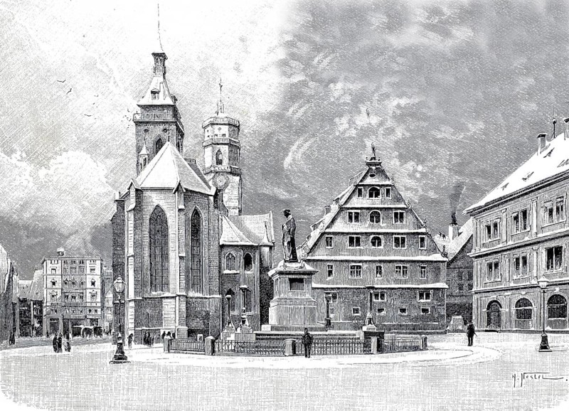 Collegiate Church and Schiller Monument in Stuttgart, 1890, Baden-Württemberg, Germany, illustration, reproduction from a model from the 19th century. Authentic, file restored for optimal use, exact date of submission unknown, historical