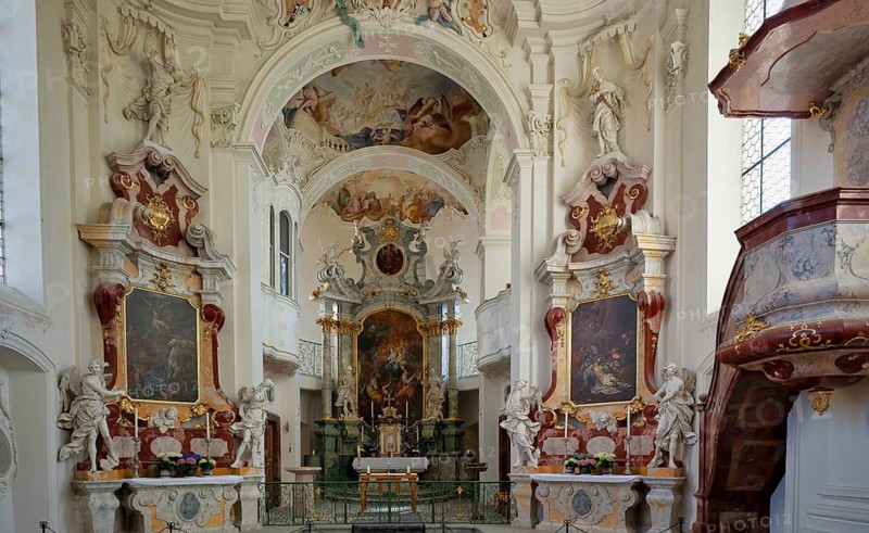 Interior view of the altar, choir, St Mary's Castle Church, Mainau Island, Constance district, Baden-Württemberg, Germany