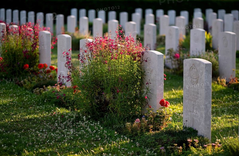 Gravestones, war graves, soldiers' graves, flowers, roses, British and German military cemetery, Cimetière militaire britannique, D-Day, Operation Overlord, Bayeux, Normandy, Calvados, France