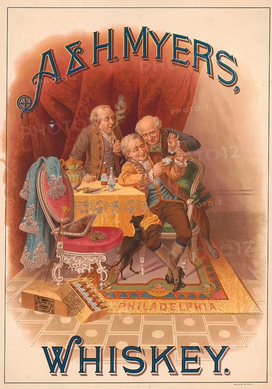 Advertising poster, beverage advertisement, advertising poster for A & H. Meyers, whiskey from Philadelphia from 1885, three elegantly dressed men in a luxurious setting looking at a bottle of whiskey, authentic reproduction of a historical advertising poster, advertising sign, in high resolution