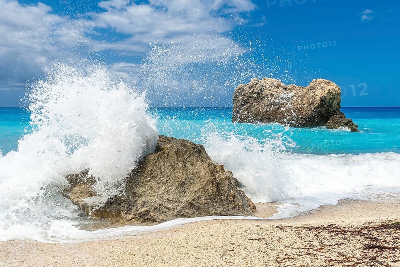 Megali Petra beach with turquoise water of Lefkada island, Ionian Sea, Greece
