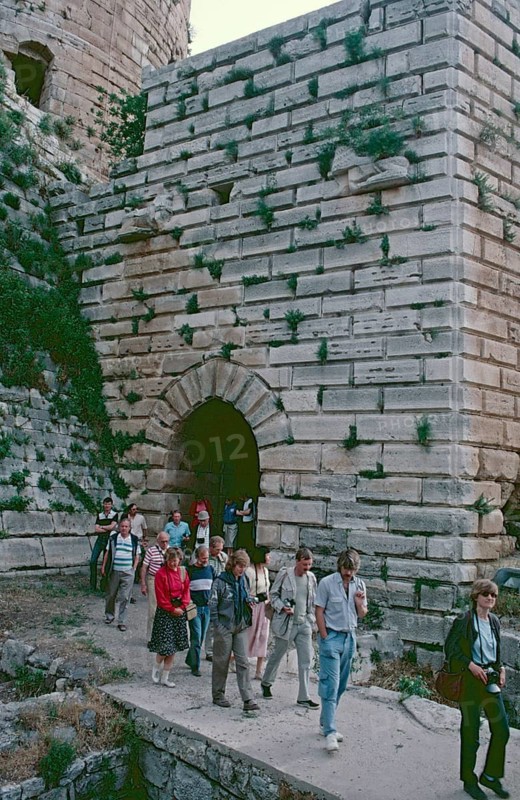 Tourists, Pentagonal tower on the south side of the castle, Krak des Chevaliers, Homs, Syria, May 1987, vintage, retro, old, historical