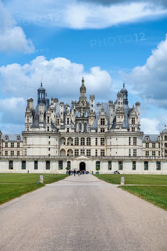 Southeast view, detailed view of the monumental Renaissance Château de Chambord castle with its distinctive, richly decorated roof silhouette of numerous towers, chimneys and dormers, Chambord Castle, Blois arrondissement, Loir-et-Cher department, Centre-Val de Loire region, France
