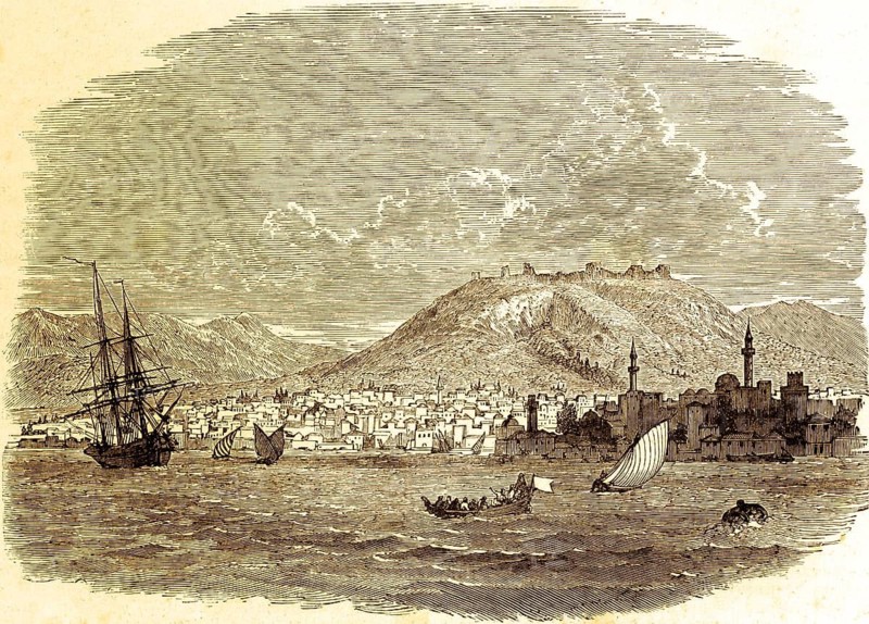 Today's Smyrna, today Izmir, Turkey, the Revelation of the Apostle John, chapter 2, verse 8, New Testament, cityscape, mountainside, mountains, sailing ships, three-masters, mosques, swell, Bible, historical illustration 1850