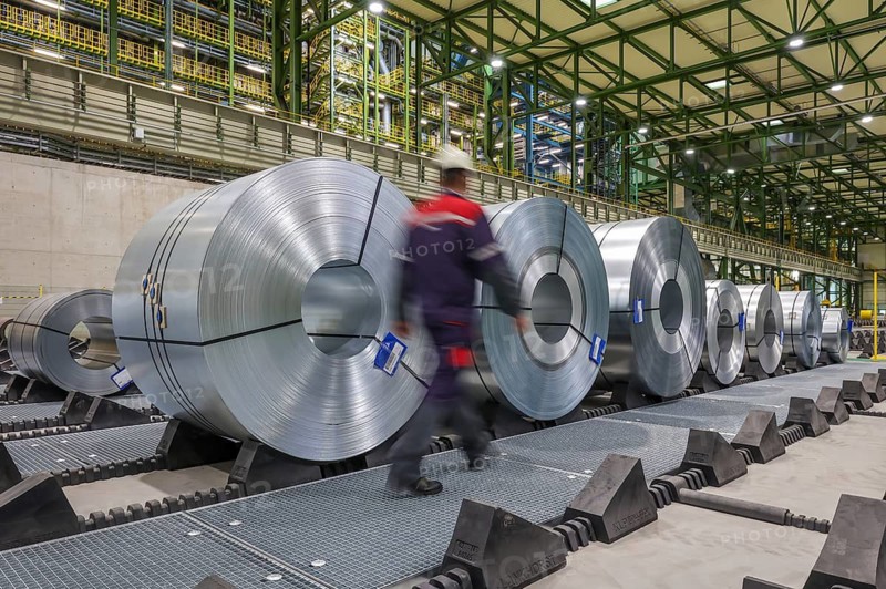 Dortmund, North Rhine-Westphalia, Germany, ThyssenKrupp Steel, FBA 10 hot-dip galvanising line 10, on the site of the Westfalenhütte, steel sheets are hot-dip galvanised here, the finished steel coils are ready for rail transport directly to the end customer in the automotive industry. The new thyssenkrupp plant has the gas consumption of a medium-sized city. The material that is processed in Dortmund is transported by rail from the blast furnace site in Duisburg