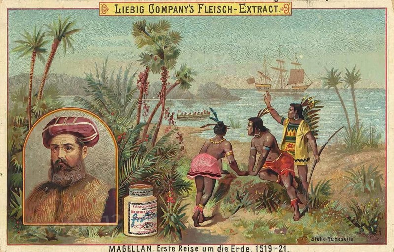 Series Explorers and World Travellers, Ferdinand Magellan, first voyage around the world, Liebig picture, digitally restored reproduction of a collector's picture from around 1900, public domain, exact date unknown, explorer on the shore with ship and indigenous people