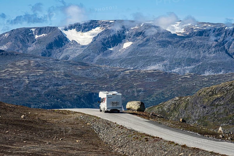 Camper van on mountain road Aurland - Lærdal, gamle Aurlandsvegen, National Tourist Route Aurlandsfjellet, Sognefjord, Norway