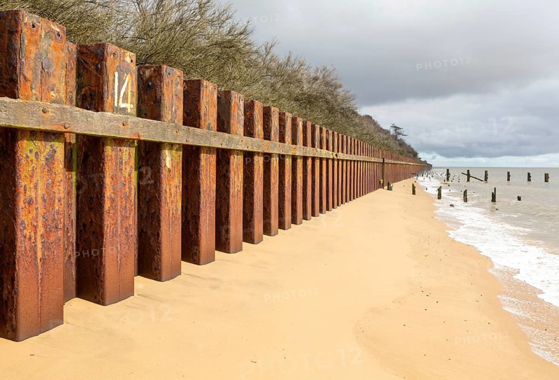 Rusted steel sheet piling sea wall coastal defences near bawdsey manor, Bawdsey, Suffolk, England, Uk