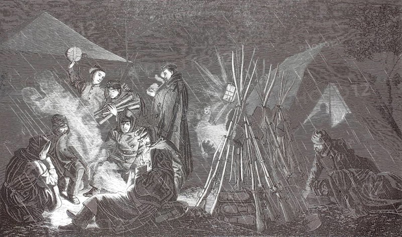 Russo-Ottoman War (1877–1878), a bivouac, camp of the Russian army. Soldiers are sitting by the fire, their weapons stacked beside them, illustration, reproduction of a 19th-century original. Authentic, file restored for optimal use, exact date of the original unknown, historical