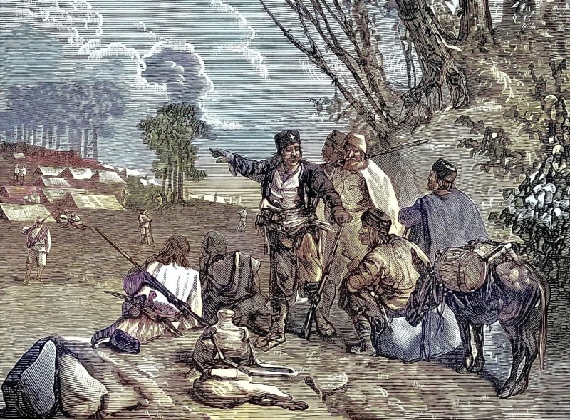 Russo-Ottoman War (1877–1878), encampment of irregulars and volunteers, Haiduks, Bulgaria, illustration, reproduction of a 19th-century original. Authentic, file restored for optimal use, exact date of the original unknown, historical, nostalgically coloured