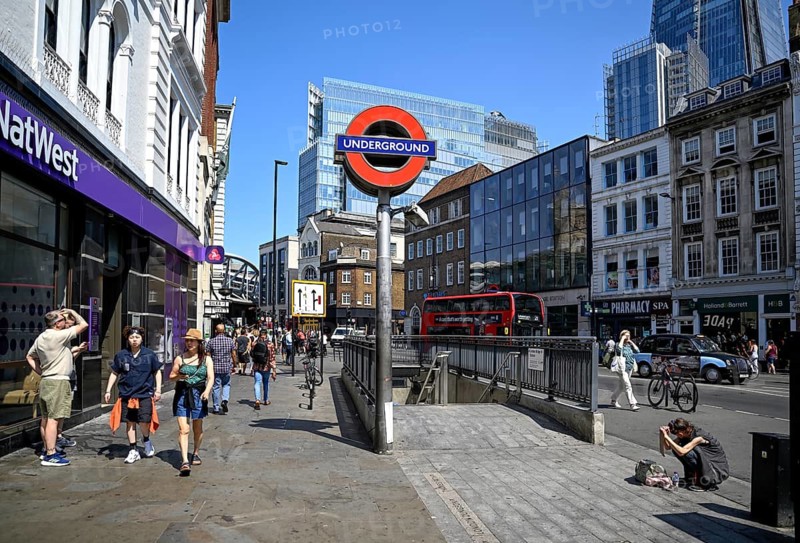 Entrance to London Underground, subway, with iconic underground sign at London Bridge Station, London, England, Great Britain