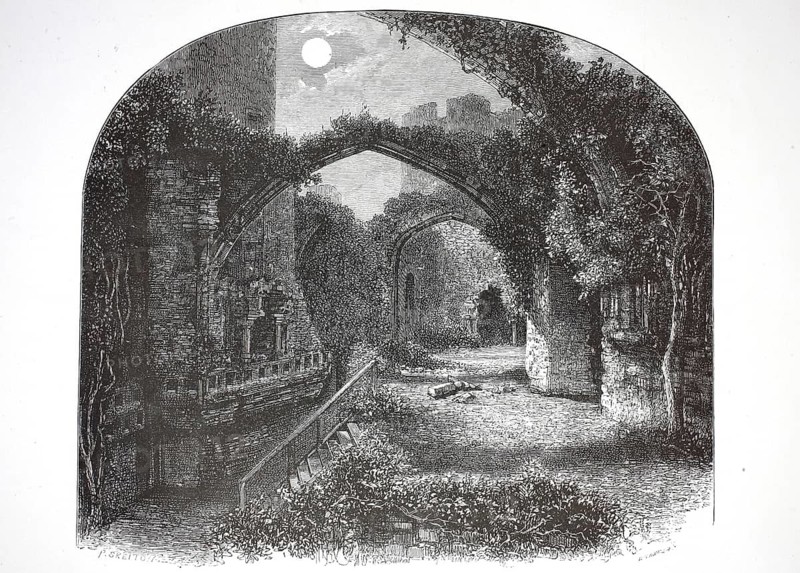 Banquet hall in Conay Castle. Ruins of a medieval castle built between 1283 and 1287 in County Gwynedd on the banks of the Conwy estuary, which dominates the entrance to the town of Conwy, Wales, illustration, reproduction from a 19th-century model. Authentic, file restored for optimal use, exact date of submission unknown, historical