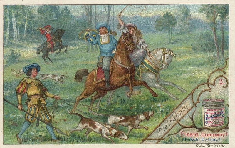 Picture series The Hunt, a classic hunt with meutehunds and riders, picture of love, digitally restored reproduction of a collector's painting from around 1900, exact date unknown