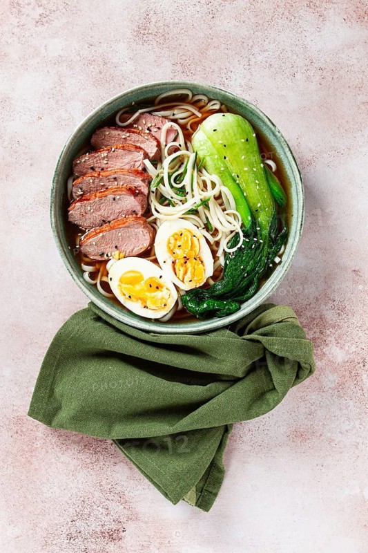 Ramen soup with duck and noodles, with eggs and bok choy, homemade, no people