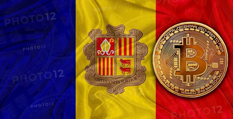 Investors in Blockchain Technology with Andorran flag in the background. Bitcoin cryptocurrency with Andorra flag