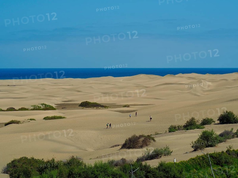 People walk through the vast sand dunes with views of the sea, Maspalomas Dunes, Gran Canaria, Spain