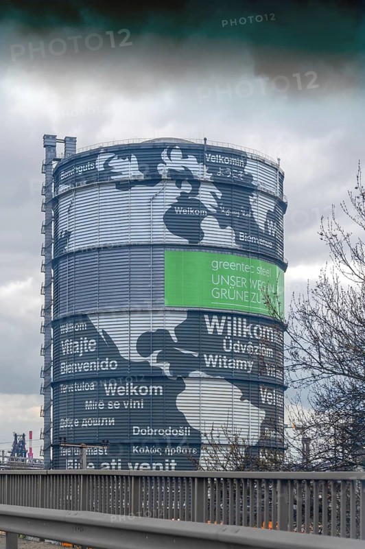 The United Austrian Iron and Steel Works greet visitors to the city of Linz, Austria at the Gasometer