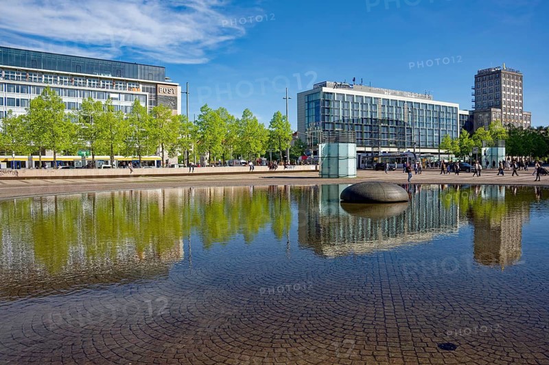 Radisson Blu Hotel, former main post office and Europe House on Leipziger Augustusplatz, water reflection, Leipzig, Saxony, Germany