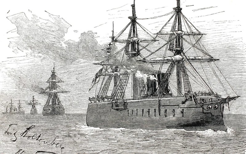 At the time of the Franco-Prussian War in 1870, the battleship König Wilhelm was the flagship of the Navy of the North German Confederation. At that time, it was considered one of the largest, most powerful and most modern warships in the world, authentic, high-resolution reproduction of an original from the 19th century, exact date of presentation unknown, historical