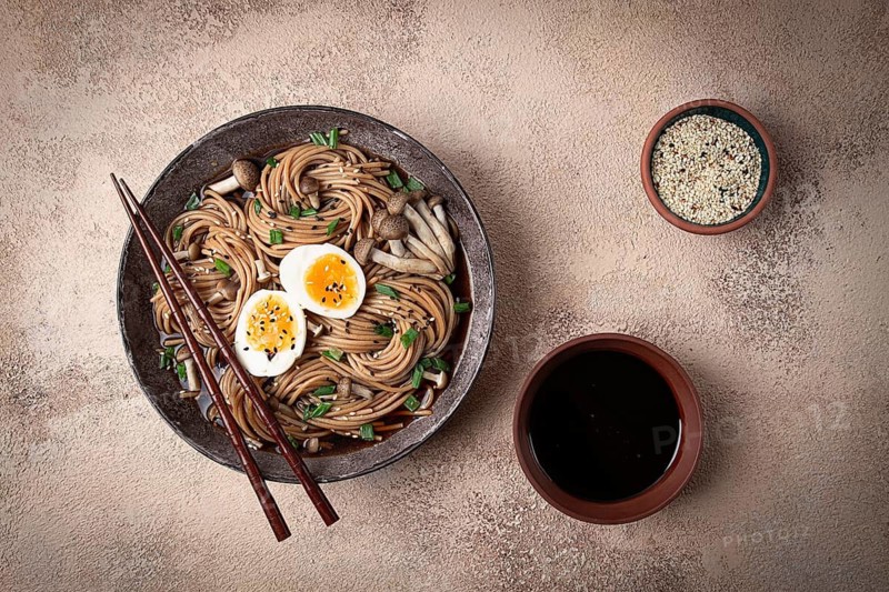 Buckwheat noodles, soba, with shimeji mushrooms, boiled egg, green onion, homemade, no people