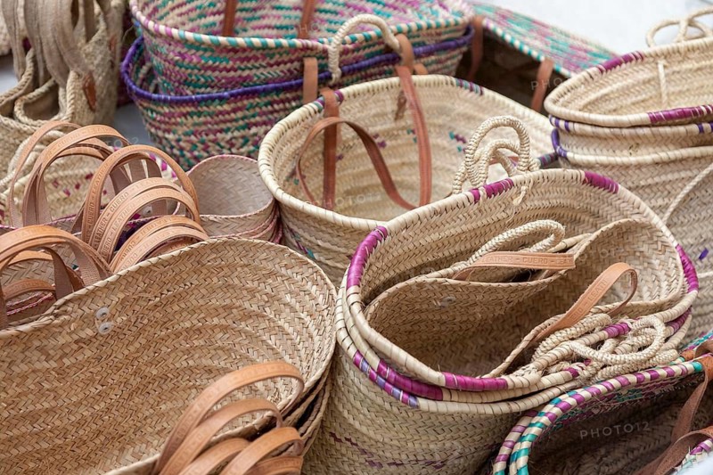 Traditional basket bags, Santanyi weekly market market, Majorca, Balearic Islands, Spain