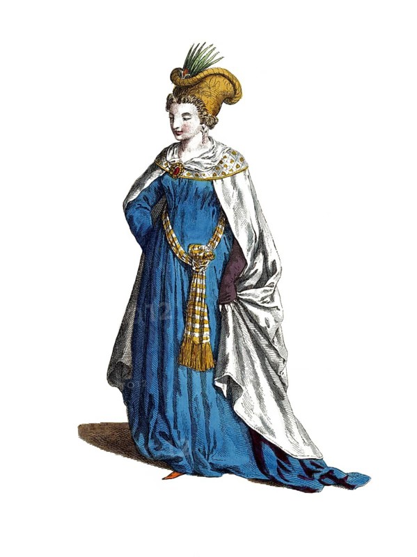 Historical clothing, fashion in the course of time, clothing of a bride from Thessaloniki in 1581, Greece, digitally restored reproduction of a model from the 18th/19th century, exact date unknown, noble woman in blue dress with richly decorated cape and headdress