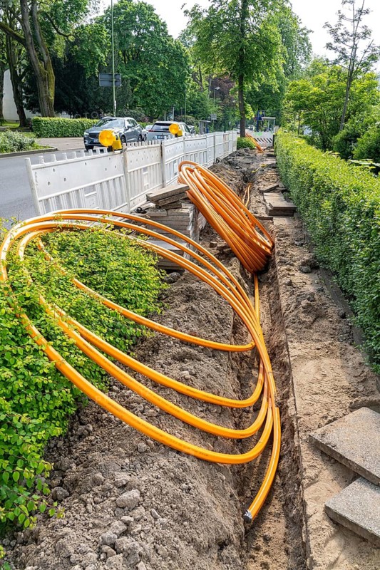 Laying of fibre optic cables, empty conduits are laid under a pavement, in which the actual fibre optic cable is later blown in and connected to the respective house connection or distributor. Essen, North Rhine-Westphalia, Germany