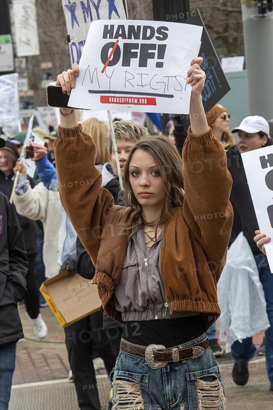 Detroit, Michigan USA - 5 April 2025 - A 'Hands Off' demonstration protests the Trump Administration's cuts to government programs. It was one of hundreds of coordinated protests across the United States