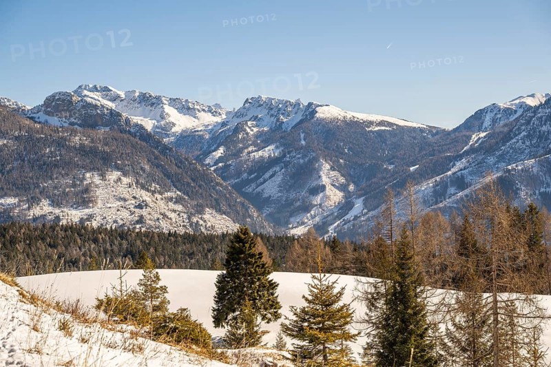 Beautiful landscape of the Mountain silhouettes of the Sexten Dolomites on a sunny winter day, South Tyrol, Trentino-South Tyrol, Alto-Adige, Italy