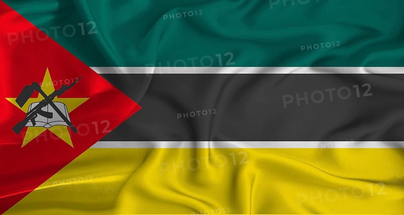 Realistic Mozambique flag waving. Close up of flag of Mozambique with cloth texture