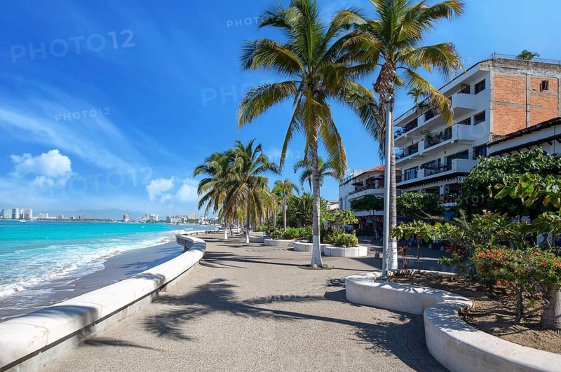 Mexico, Puerto Vallarta promenade El Malecon with ocean lookouts, beaches, and Mexican architecture