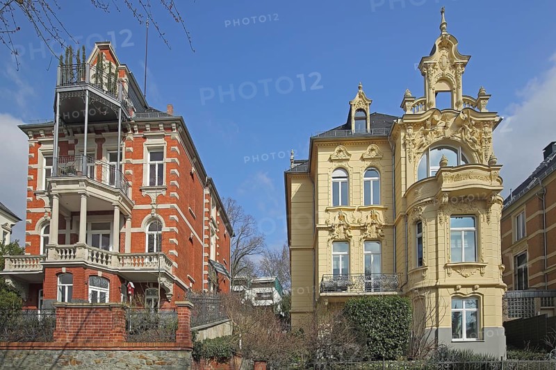 Margarethe yellow villa and red villa, two villas, art nouveau, Walkmühlstraße, Wiesbaden, Taunus, Hesse, Germany