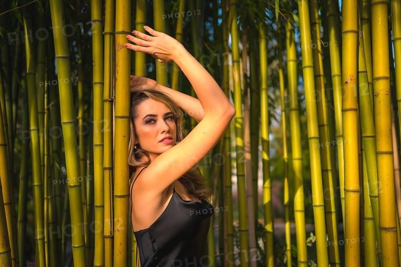 Portrait of a Caucasian girl in a black dress in a bamboo forest