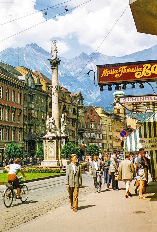 St Mary's column at Maria-Theresien-Straße street, city centre of Innsbruck, Austria, Europe 1950s