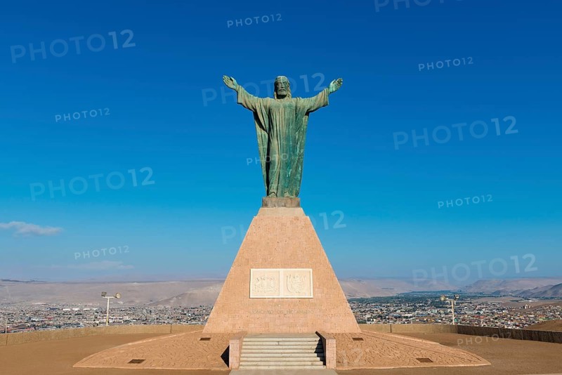 Large statue of Christ on the Morro de Arica lookout mountain, city of Arica, Chile