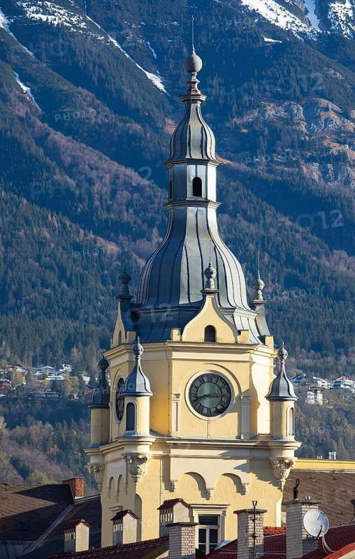 Tower of the former main post office in Maximilianstraße, Innbruck, Tyrol, Austria