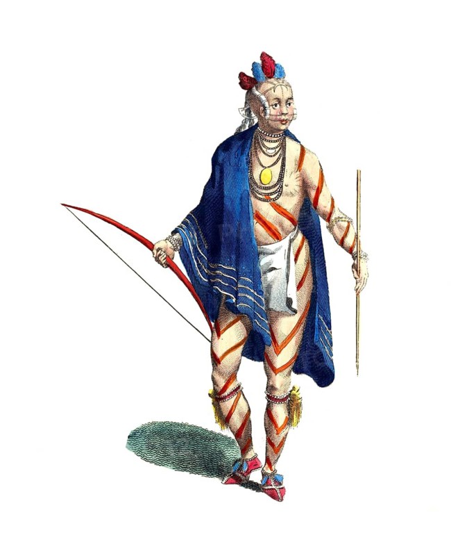 Historical clothing, fashion over time, clothing of an Ottawa, Odawa, also Odaawaa, Indian tribe of the Algonkin language family from the Great Lakes region on the border between the USA and Canada, digitally restored reproduction of an 18th/19th century model, exact date unknown, warrior with traditional painting pattern, holding bow and arrow