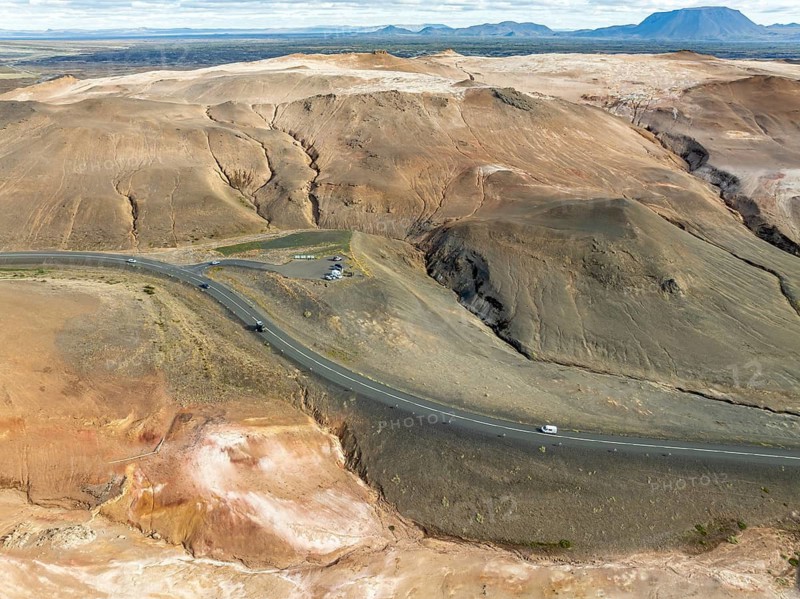 Viewpoint at ringroad no. 1 in the Myvatn geothermal area, aerial view, Myvatn region, Iceland