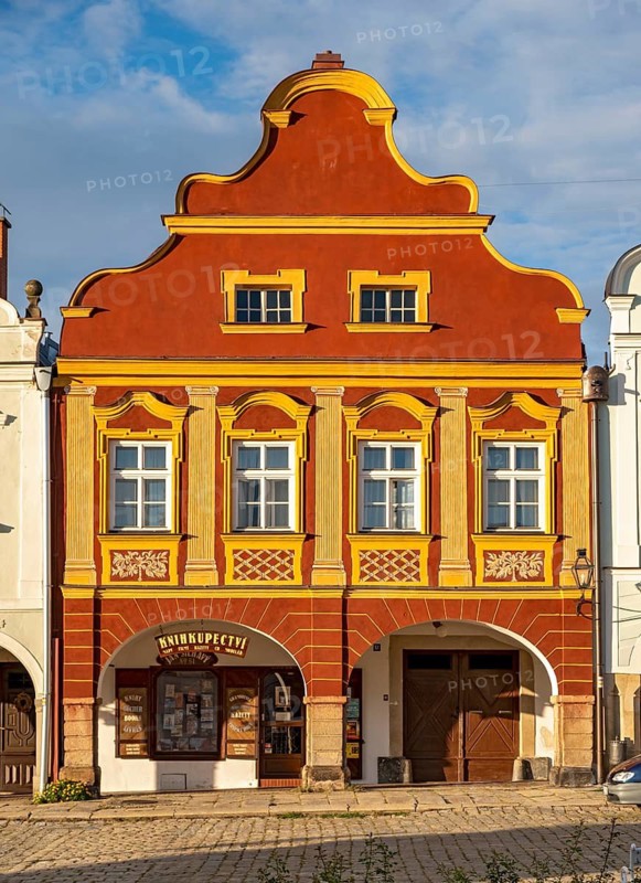 Renaissance-reconstructed Gothic house with high gable and façade remodelled in the Baroque style at 51 Zachariáše z Hradce Square, Telc, Czech Republic