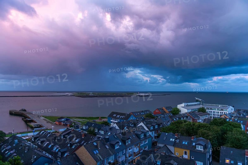 Heligoland, North Sea, view from the upper land to the roofs of the houses in the lower land, rows of houses, Heligoland dune, evening shot, Pinneberg district, Schleswig-Holstein, Germany