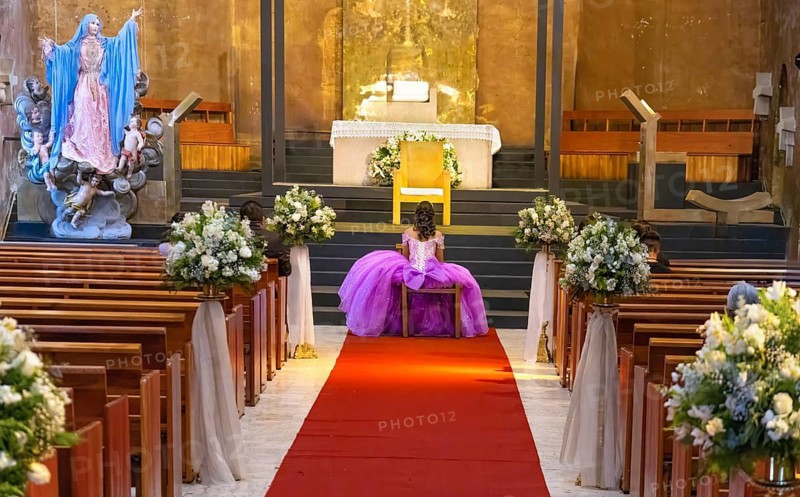 Typical Mexican church with a bride preparing for a wedding inside the church