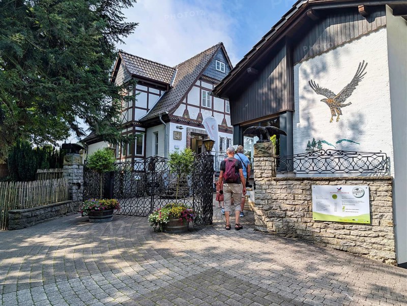 Entrance area of Adlerwarte Berlebeck, visitors at the ticket office, bird park, raptor observatory, free flight shows, rescue center, Detmold, Germany