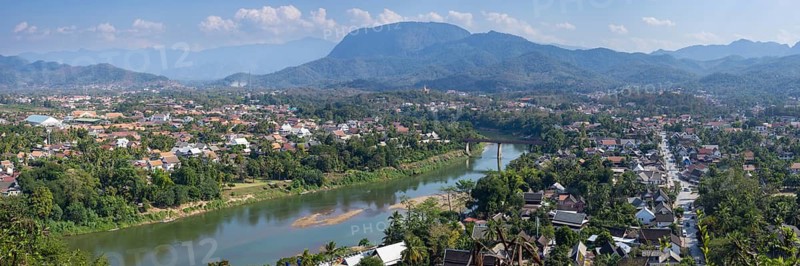 Panorama over Luang Prabang with Nam Khan River and Wat Phol Pao in the background, Laos