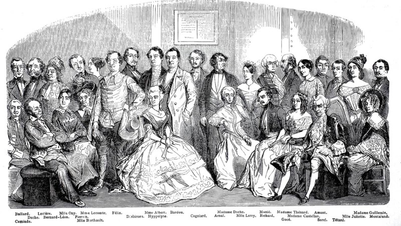 Actor foyer of the Porte-Saint-Martin Theatre. The group portrait brings together the most famous actors, actresses and personalities who worked at the Theatre de la Porte-Saint-Martin in Paris in the mid-19th century, illustration and reproduction from a model from the 19th century. Authentic, file restored for optimal use, exact date of submission unknown, historical