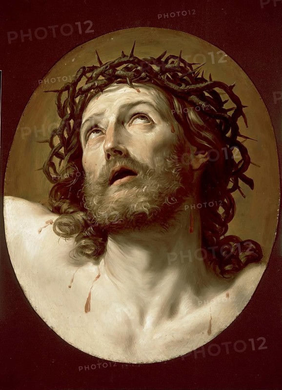 Painting, Reproduction of the painting, Work of art, Historical, Guido Reni, called il Guido or il divino Guido (b. 4 November 1575 in Bologna, d. 18. August 1642) Italian painter, fresco artist and etcher of the Bolognese school, main representative of a baroque classicism in painting, here the work:, Head Of Christ Crowned With Thorns (early 1630s), Kopf Christi mit Dornenkrone (early 1630s), Jesus mit Dornenkrone, Ausdruck des Leidens, intensiver Blick nach oben