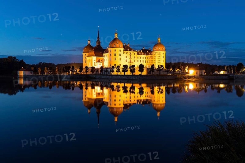 Moritzburg Castle at blue hour, Moritzburg, Meißen County, Saxony, Germany